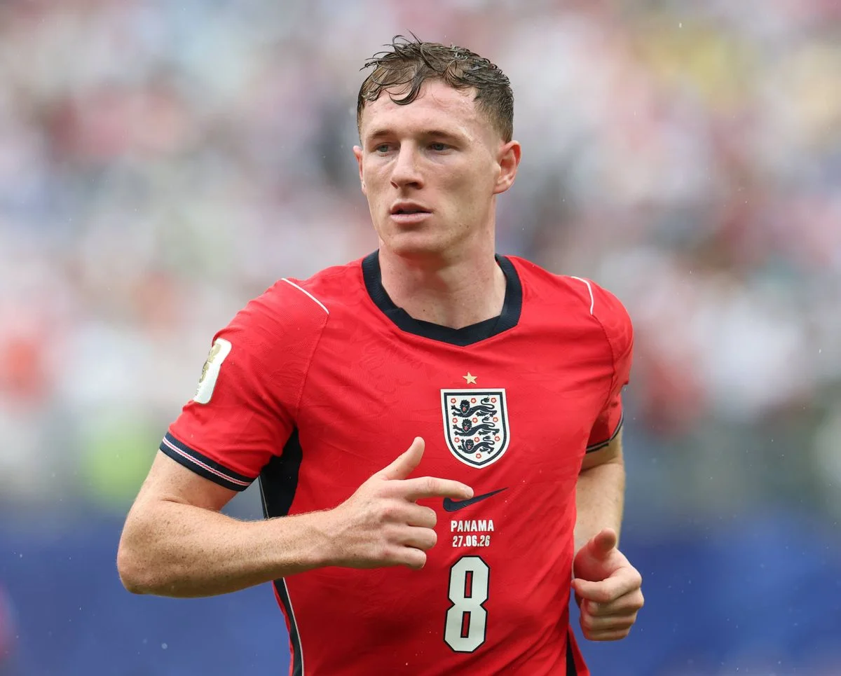 EAST RUTHERFORD, NEW JERSEY - JUNE 27: Elliot Anderson #8 of England looks on during the FIFA World Cup 2026 Group L match between Panama and England at New York New Jersey Stadium on June 27, 2026 in East Rutherford, New Jersey. (Photo by Eddie Keogh - The FA/The FA via Getty Images)