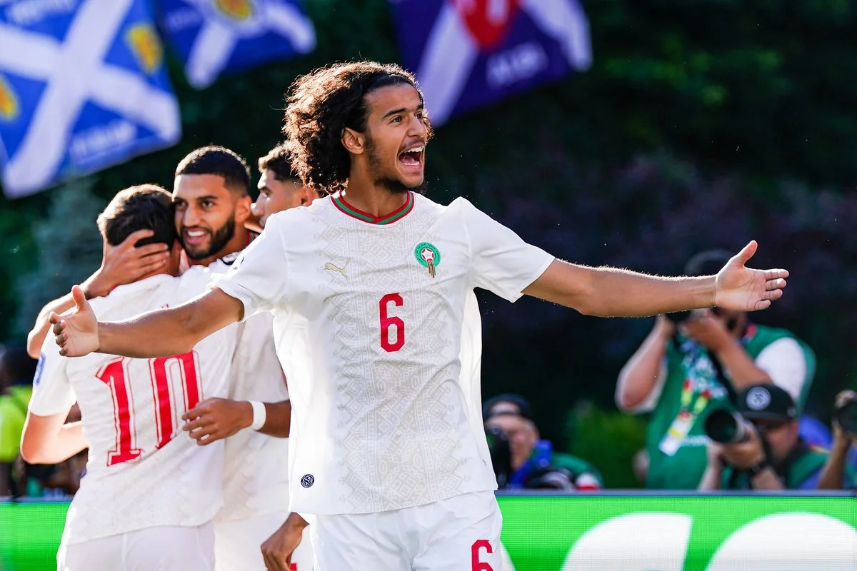 Ayyoub Bouaddi of Morocco celebrates Ismael Saibari's goal against Scotland