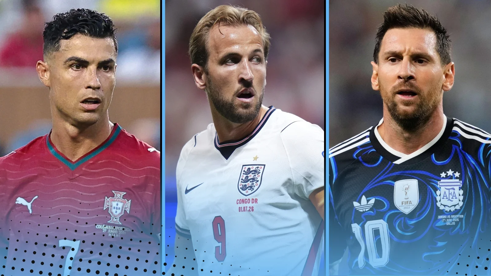 cristiano ronaldo, harry kane and lionel messi