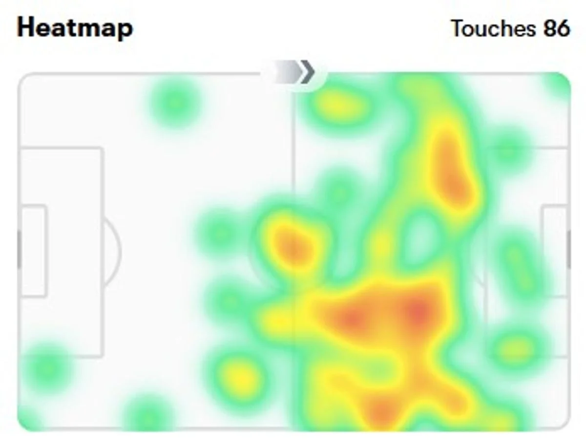 Bruno Fernandes' heat map vs Crystal Palace