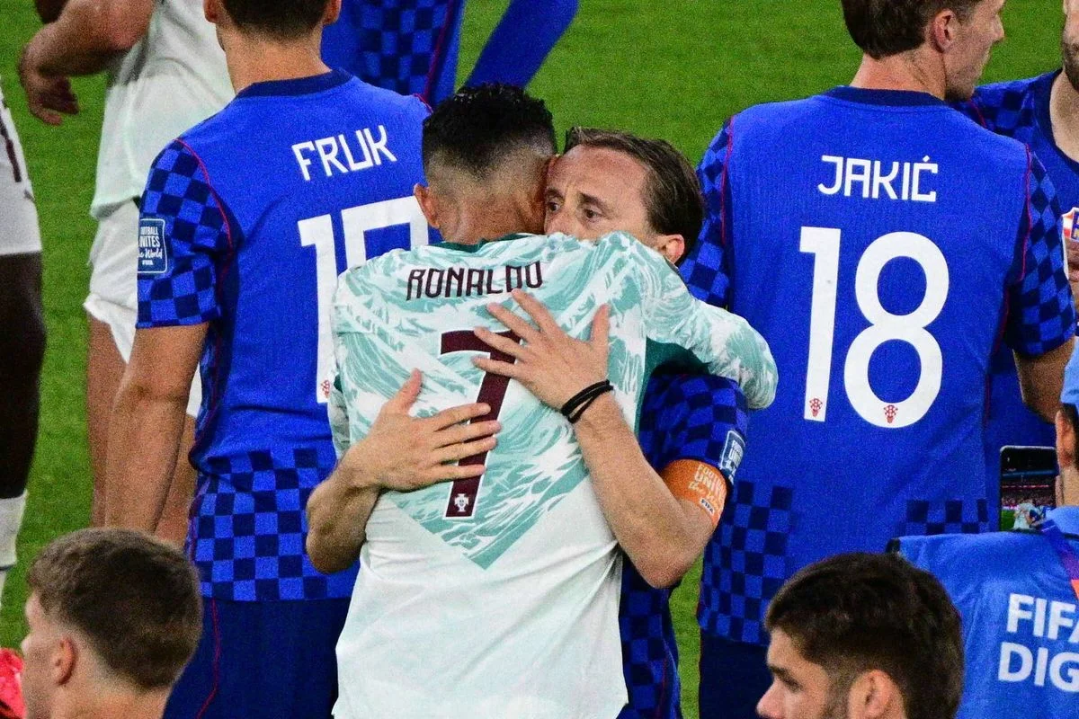 Croatia's Luka Modric (10) hugs Portugal's Cristiano Ronaldo (7) after the World Cup round of 32 soccer match between Portugal and Croatia in Toronto, Thursday, July 2, 2026. 