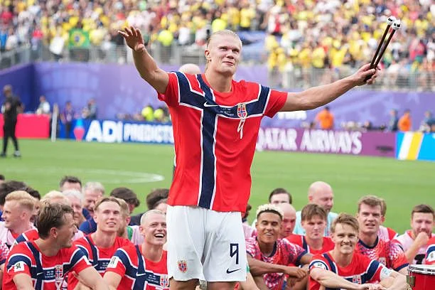 Erling Haaland celebrating Norway's win vs Brazil