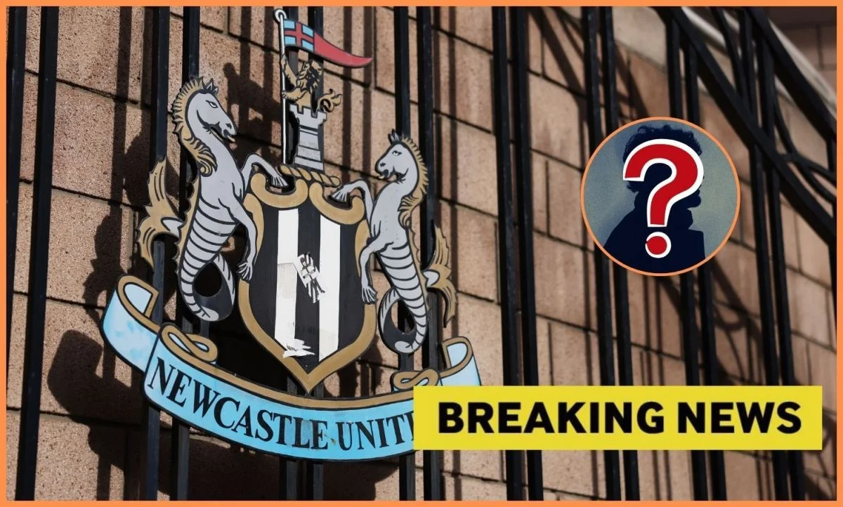 Newcastle stadium outside view with breaking news overlay
