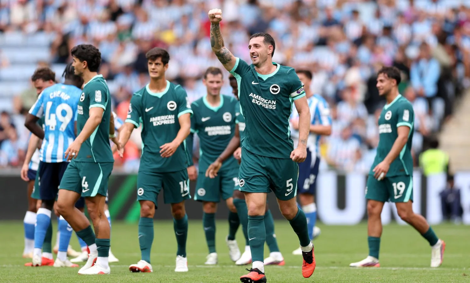Lewis Dunk of Brighton & Hove Albion celebrates scoring his team’s fourth goal vs Coventry. 