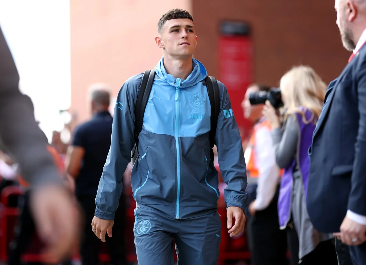 Phil Foden arrives at Old Trafford