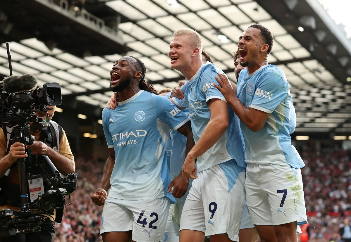 Erling Haaland celebrates scoring for Man City vs Man United